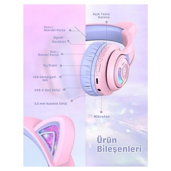 İclever Cat Ear Bth13 Mor Kulak Üstü Çocuk Bluetooth Kulaklık - Görsel 7