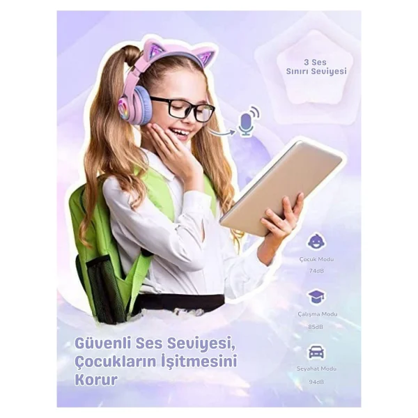 İclever Cat Ear Bth13 Mor Kulak Üstü Çocuk Bluetooth Kulaklık - Görsel 8