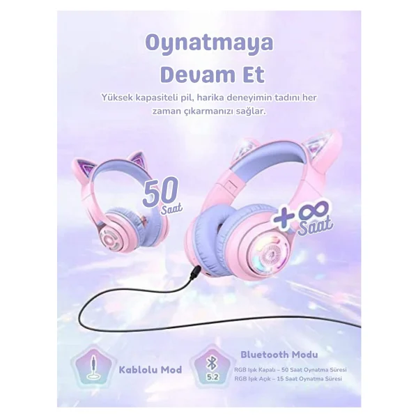 İclever Cat Ear Bth13 Mor Kulak Üstü Çocuk Bluetooth Kulaklık - Görsel 9