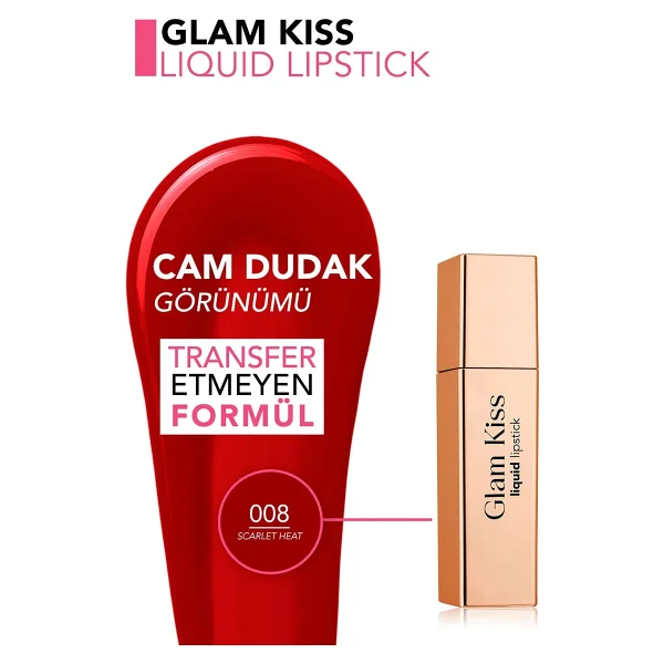 Flormar Glam Kiss Yüksek Pigmentli & Nemlendirici Parlak Bitişli 008 Scarlet Heat Likit Ruj - Görsel 5