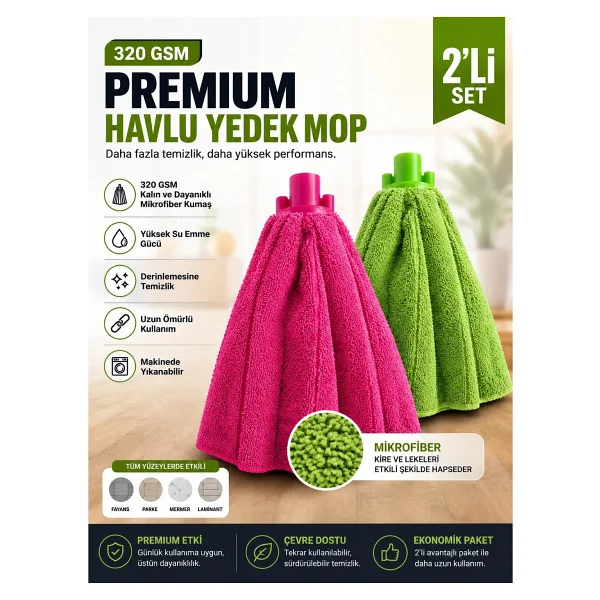 Cleanshe Premium Mikrofiber Mop Yedek Havlu 2'li Set - Görsel 8