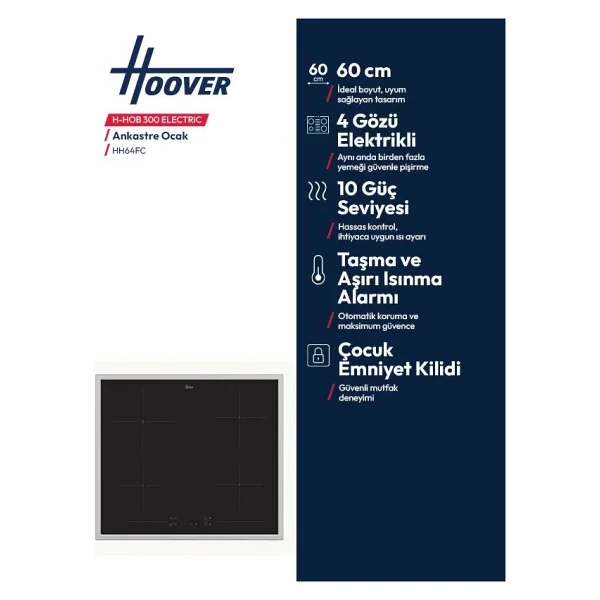 Hoover Hh 64 Fc Siyah Cam Elektrikli Ankastre Ocak - Görsel 4