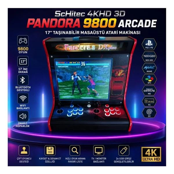 Schitec 4Khd 3D Pandora 9800 Arcade Oyunlu Taşınabilir Pandora Masaüstü Kabinli 17İnç Atari Makinası - Görsel 9