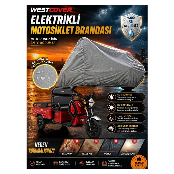 Volta Apec Apt4 3 Tekerlekli Elektrikli Motosiklet Koruma Örtüsü Brandası Lüx Kalite - Gri - Görsel 5