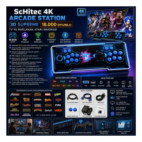 Schitec 4K Arcade Station 3D Supreme 18000 Oyunlu Tv Baglanan Atari Makinası - Görsel 2