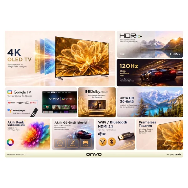 Onvo 100vq90f3ub Frameless 4K Ultra HD 100" 254 Ekran Uydu Alıcılı Googşe Smart QLED TV - Görsel 2