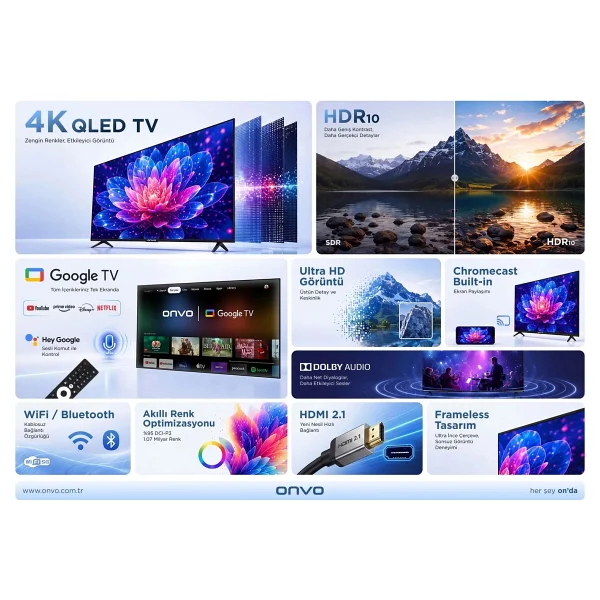 Onvo 85vq90f2ua 4K Ultra HD 85" 216 Ekran Uydu Alıcılı Google Smart QLED TV - Görsel 6