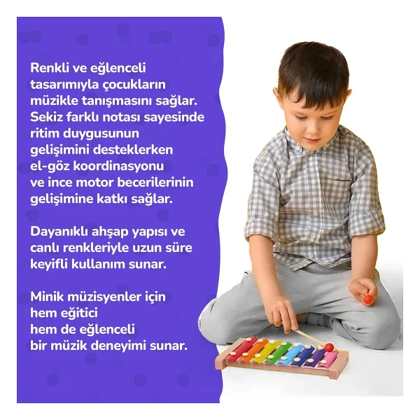 Eğitici Ahşap Ksilofon - 8 Tonlu Renkli Müzik Oyuncağı - Görsel 4