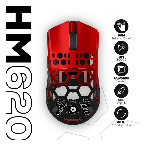 Hawk Gaming Hm620 8K Hz 30000 Dpı Tri-Mode Kablosuz/Bluetooth Siyah Kırmızı Gaming Mouse - Görsel 9