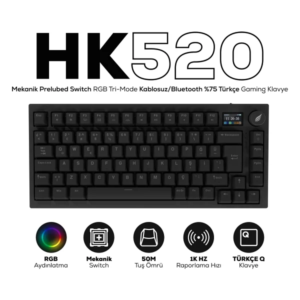 Hawk Gaming Chair Hk520 RGB %75 Prelubed Switch Kablolu/Kablosuz Mekanik Oyuncu Klavyesi - Görsel 10