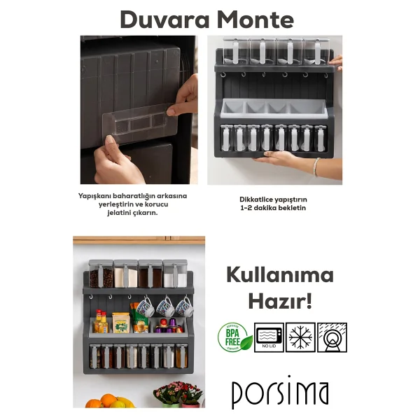 Porsima 5331 Kendinden Yapışkanlı Standlı Etiketli 12lı Saklama Kabı Baharatlık Kahve Köşesi Seti Kahvelik Takımı - Antrasit - Görsel 5