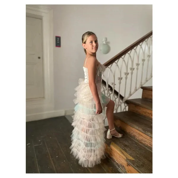 Butik Happy Kids Kız Çocuk Pudra Payetli Kuyruklu Abiye Elbise Tül Detaylı Mini Uzun Kuyruklu Prenses Model Abiye Elbise 8-16 Yaş - Çok Renkli - 14 - 15 Yaş - Görsel 7