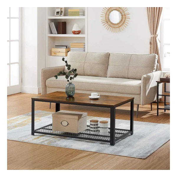 Vasagle Sehpa, 2 Katlı Oturma Odası Masası, Izgara Raflı, TV Masası, Metal Çerçeve, Ayarlanabilir Ayaklar, Oturma Odası Için, Endüstriyel Tarz, Vintage Kahverengi/Siyah Lct61x - Görsel 2