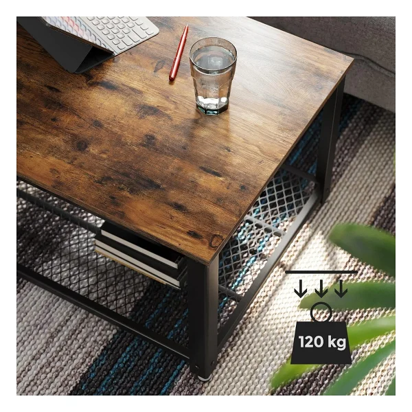 Vasagle Sehpa, 2 Katlı Oturma Odası Masası, Izgara Raflı, TV Masası, Metal Çerçeve, Ayarlanabilir Ayaklar, Oturma Odası Için, Endüstriyel Tarz, Vintage Kahverengi/Siyah Lct61x - Görsel 6