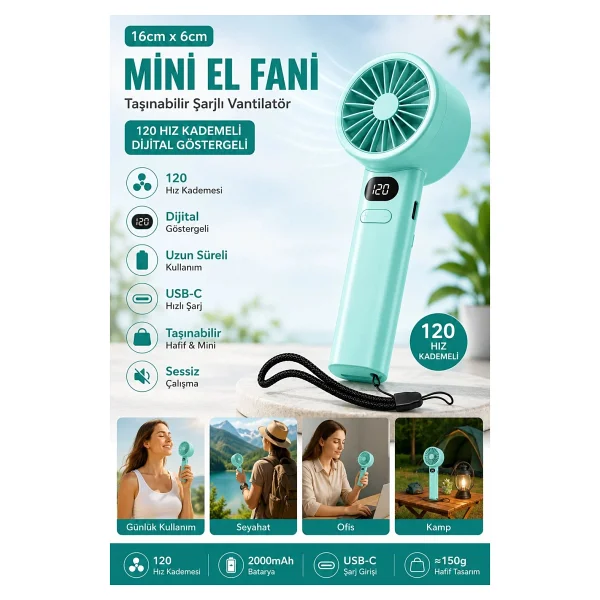 Coverzone 16cmx6cm Mini Küçük El Fanı Taşınabilir Şarjlı Dijital Göstergeli Ayarlanabilir 120 Hız Kademeli Taşınabilir Soğutucu Fan USB-C Şarjlı Masaüstü Seyahat Ofis Kamp Için Vantilatör Fzm-01 - Görsel 3