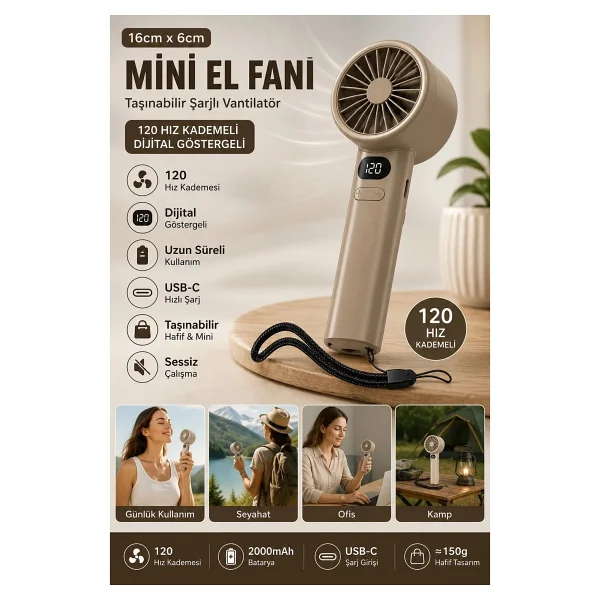 Coverzone 16cmx6cm Mini Küçük El Fanı Taşınabilir Şarjlı Dijital Göstergeli Ayarlanabilir 120 Hız Kademeli Taşınabilir Soğutucu Fan USB-C Şarjlı Masaüstü Seyahat Ofis Kamp Için Vantilatör Fzm-01 - Görsel 2