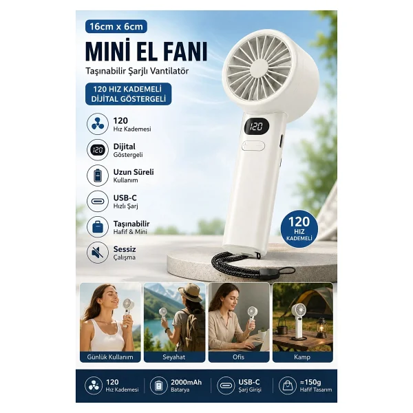 Coverzone 16cmx6cm Mini Küçük El Fanı Taşınabilir Şarjlı Dijital Göstergeli Ayarlanabilir 120 Hız Kademeli Taşınabilir Soğutucu Fan USB-C Şarjlı Masaüstü Seyahat Ofis Kamp Için Vantilatör Fzm-01 - Görsel 4