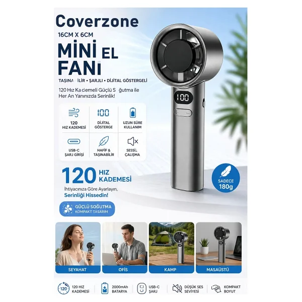Coverzone 16cmx6cm Mini Küçük El Fanı Taşınabilir Şarjlı Dijital Göstergeli Ayarlanabilir 120 Hız Kademeli Taşınabilir Soğutucu Fan USB-C Şarjlı Masaüstü Seyahat Ofis Kamp Için Vantilatör Fzm-01 - Görsel 5