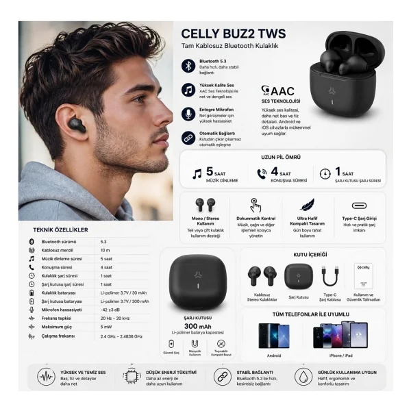 Celly BUZ2BK TWS Siyah Kulak İçi Bluetooth Kulaklık - Görsel 2