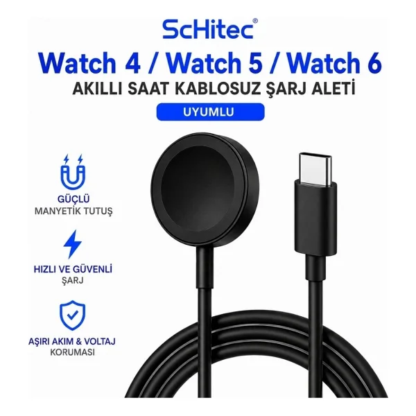 Schitec Samsung Watch 4/Watch 5/ Watch 6 Uyumlu Fast Wireless Charge Hızlı Kablosuz Akıllı Saat Şarj Cihazı - Siyah - Görsel 5