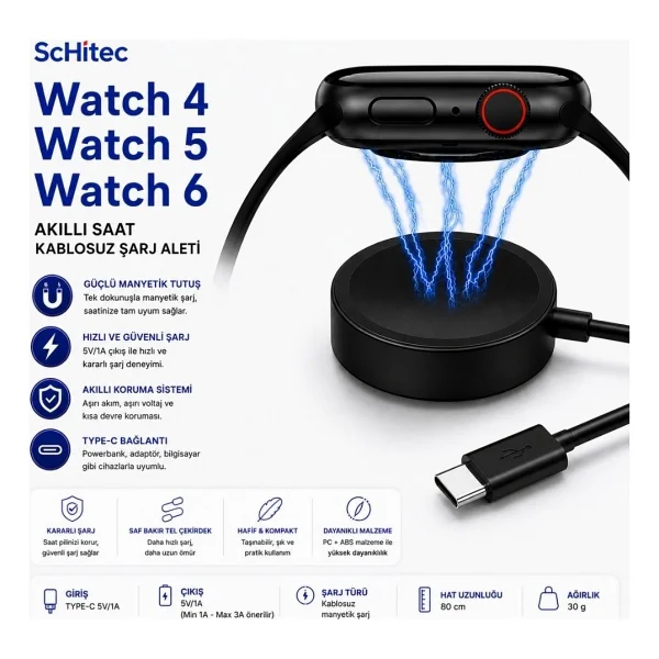 Schitec Samsung Watch 4/Watch 5/ Watch 6 Uyumlu Fast Wireless Charge Hızlı Kablosuz Akıllı Saat Şarj Cihazı - Siyah - Görsel 2
