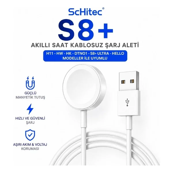 Schitec Hw22 Pro Akilli Saat Kablosuz Sarj Aleti H11-Hw-Hk-Dtno1-S8 Ultra-Hello Modeller Ile Uyumlu Beyaz - Görsel 5