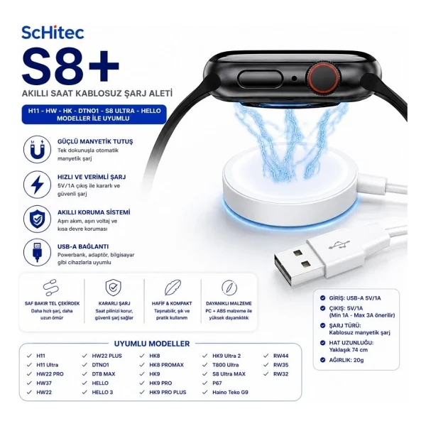 Schitec Hw22 Pro Akilli Saat Kablosuz Sarj Aleti H11-Hw-Hk-Dtno1-S8 Ultra-Hello Modeller Ile Uyumlu Beyaz - Görsel 2