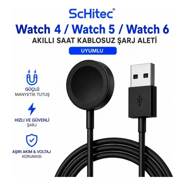 Schitec Schitec Samsung Watch 4/Watch 5/ Watch 6 Uyumlu Usba Girişli Fast Wireless Charge Hızlı Kablosuz Akıllı Saat Şarj Cihazı Siyah - Görsel 6