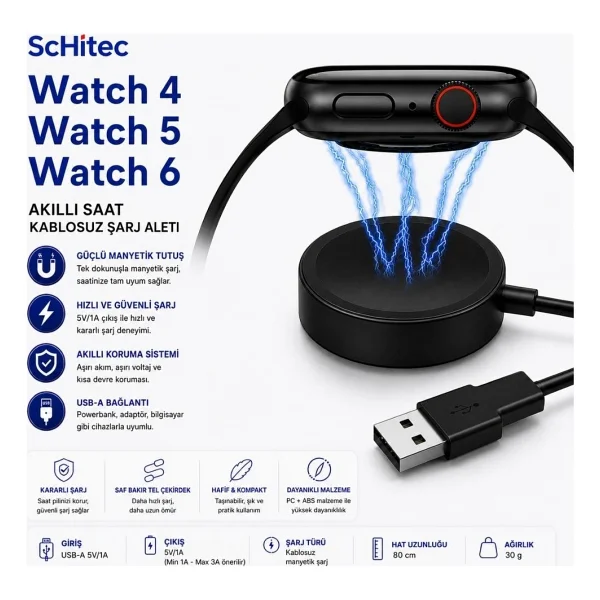 Schitec Schitec Samsung Watch 4/Watch 5/ Watch 6 Uyumlu Usba Girişli Fast Wireless Charge Hızlı Kablosuz Akıllı Saat Şarj Cihazı Siyah - Görsel 2