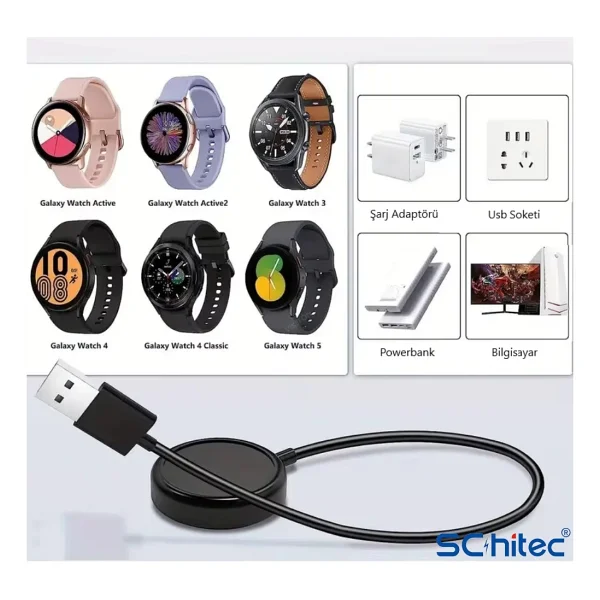 Schitec Schitec Samsung Watch 4/Watch 5/ Watch 6 Uyumlu Usba Girişli Fast Wireless Charge Hızlı Kablosuz Akıllı Saat Şarj Cihazı Siyah - Görsel 5