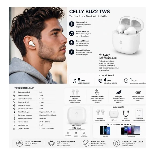 Celly BUZ2WH TWS Beyaz Kulak İçi Bluetooth Kulaklık - Görsel 2
