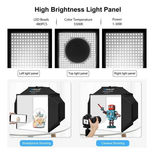 Coverzone Puluzz 30x30x30 Cm Katlanabilir LED Fotoğraf Çekim Çadırı Stüdyo Işık Kutusu, 120 LED Halka Işık, Crı95, USB Güç,%1-100 Parlaklık Ayarı, 6 Renk Arka Fonlu Ürün Fotoğraf Çekim Seti (Pu5032b) - Görsel 6