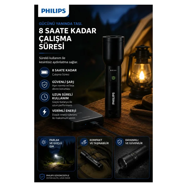 Philips Sfl7010r/62 Şarjlı LED El Feneri 1000 Lümen 700 Metre Işın Mesafesi 3000mah Powerbank Özellikli Ipx4 Suya Dayanıklı - Görsel 4