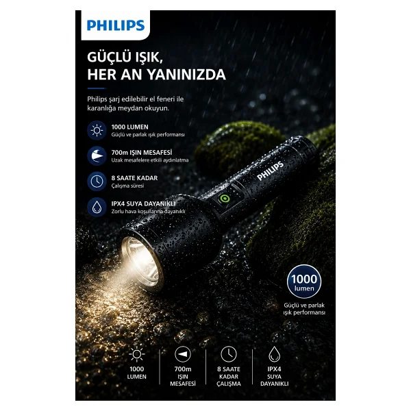 Philips Sfl7010r/62 Şarjlı LED El Feneri 1000 Lümen 700 Metre Işın Mesafesi 3000mah Powerbank Özellikli Ipx4 Suya Dayanıklı - Görsel 6