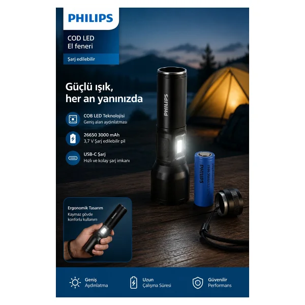 Philips Sfl7010r/62 Şarjlı LED El Feneri 1000 Lümen 700 Metre Işın Mesafesi 3000mah Powerbank Özellikli Ipx4 Suya Dayanıklı - Görsel 7