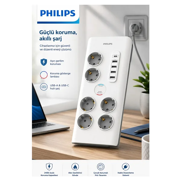 Philips Spn7060wa/62 Anahtarlı Usb'li 2 M 6'lı Akım Korumalı Priz - Görsel 2