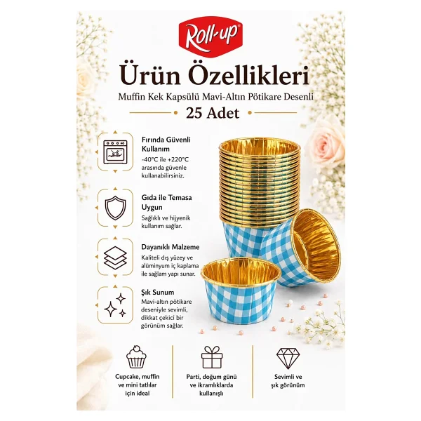 Dolphin Muffin Kek Kapsülü Kare Desenli Mavi-Altın 25li - Görsel 4