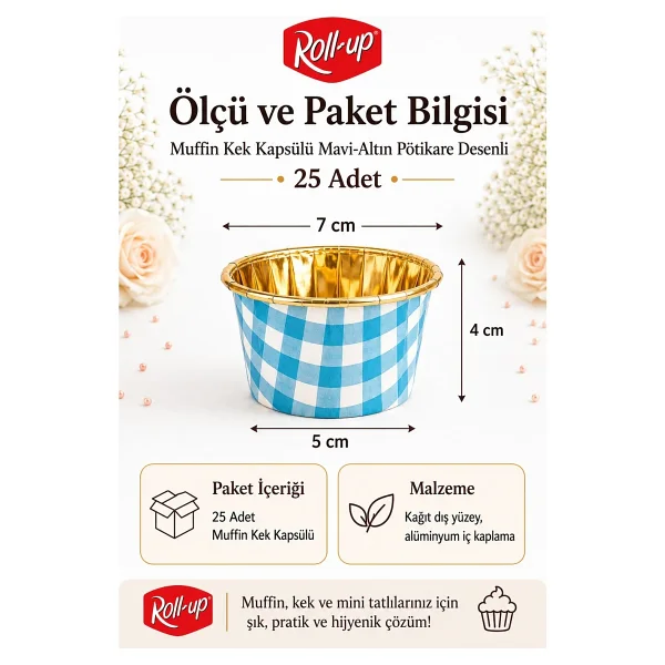 Dolphin Muffin Kek Kapsülü Kare Desenli Mavi-Altın 25li - Görsel 5