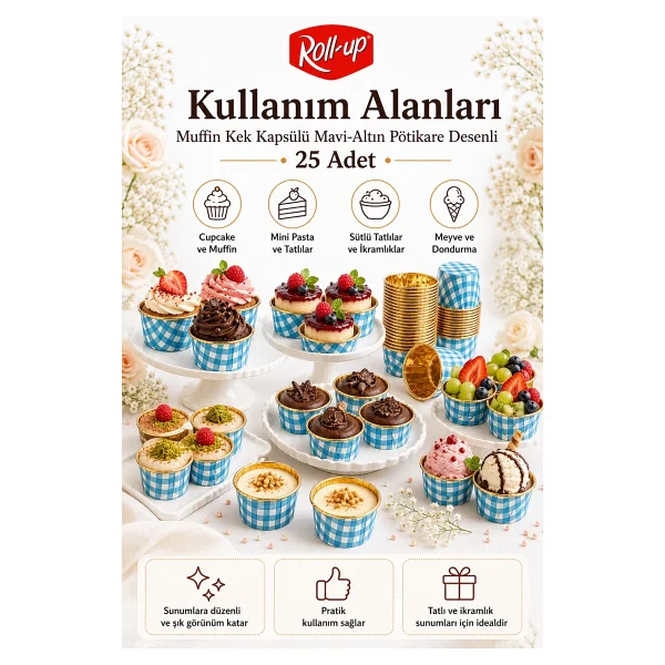 Dolphin Muffin Kek Kapsülü Kare Desenli Mavi-Altın 25li - Görsel 6