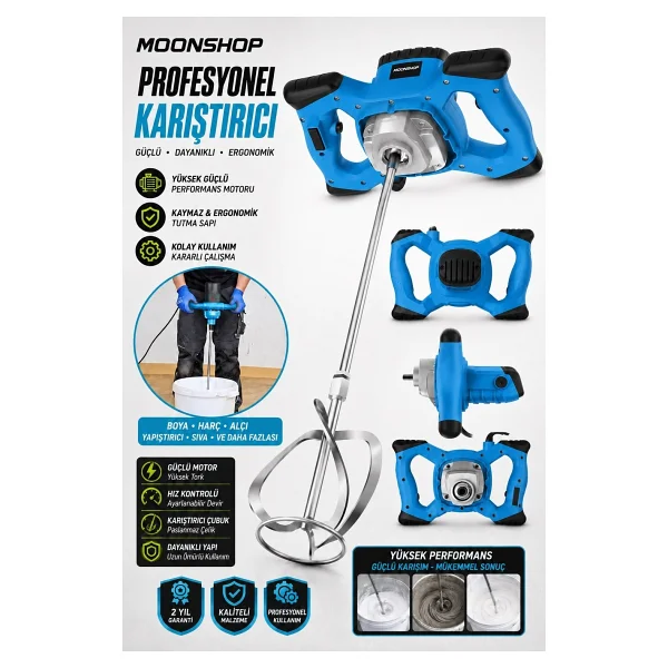 Moonshop Pro Japan 4000 Xbakir Sargi 6 Kademe Devirli Ayarlı Elektirikli Alçı Boya Ve Harç Karıştırıcı Mikser Sarı - Görsel 3