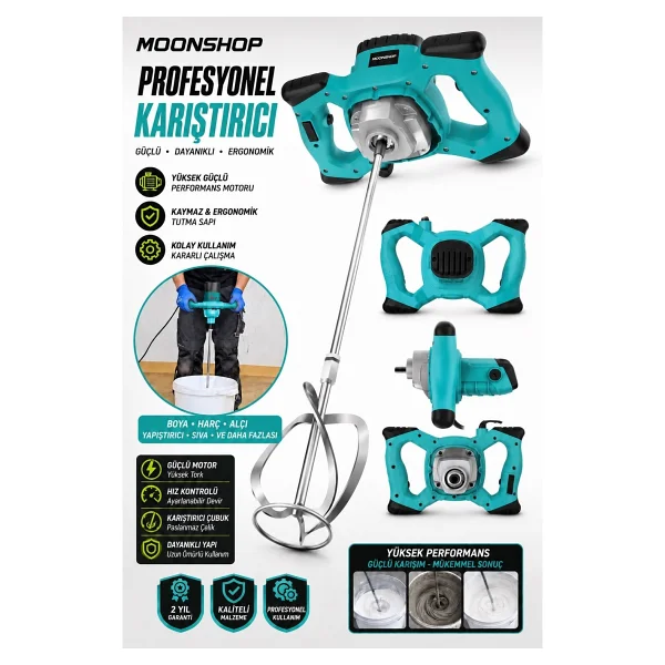 Moonshop Pro Japan 4000 Xbakir Sargi 6 Kademe Devirli Ayarlı Elektirikli Alçı Boya Ve Harç Karıştırıcı Mikser Sarı - Görsel 4