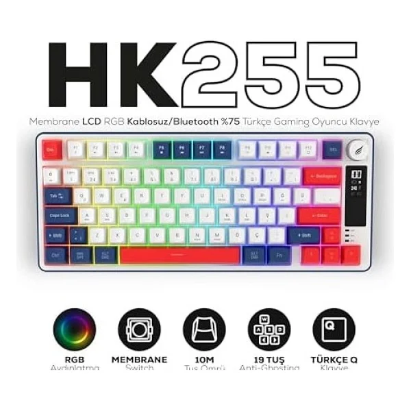 Hk255 Membrane Lcd RGB Kablosuz/Bluetooth Mavi Kırmızı %75 Türkçe Gaming Oyuncu Klavye - Görsel 2