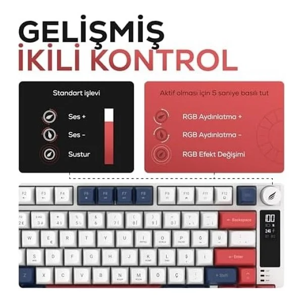 Hk255 Membrane Lcd RGB Kablosuz/Bluetooth Mavi Kırmızı %75 Türkçe Gaming Oyuncu Klavye - Görsel 3