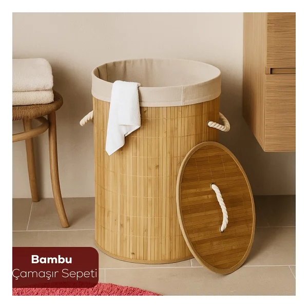 Porsima Pbt-052 Kapaklı Kirli Çamaşır Sepeti Yuvarlak - Bambu Kirli Çamaşır Sepeti Bambu - Görsel 7