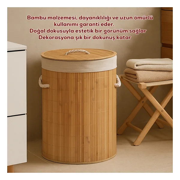 Porsima Pbt-052 Kapaklı Kirli Çamaşır Sepeti Yuvarlak - Bambu Kirli Çamaşır Sepeti Bambu - Görsel 3