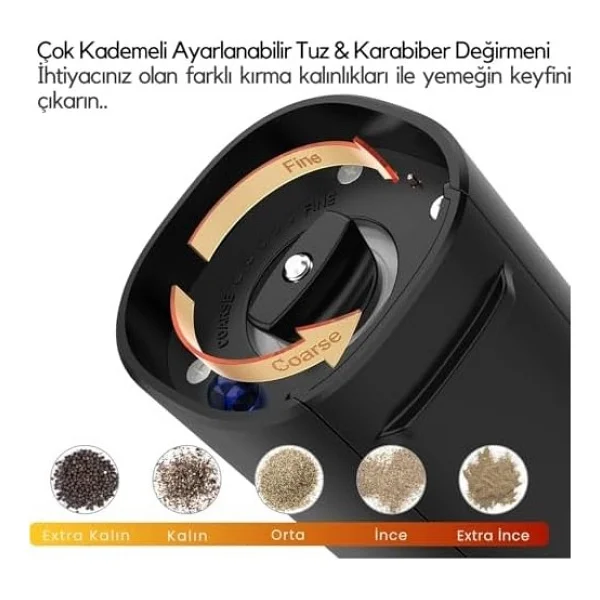 Neo Şarjlı Stantlı Karabiber, Tuz Öğütücü, Şarjlı Otomatik Tuz Öğütücü, 3 Kademe Ayarlı Baharat Değirmeni, LED Işıklı Tuzluk & Biberlik, Portatif Her Alana Uygun Kullanım - Görsel 10
