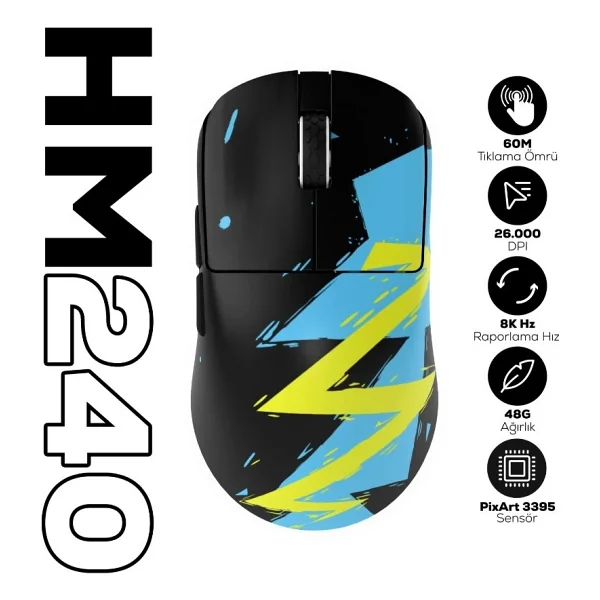 Hawk Hm240 8K Hz 26000 Dpı Pixart 3395 Tri-Mode Kablosuz/Bluetooth Siyah Gaming Mouse - Görsel 6