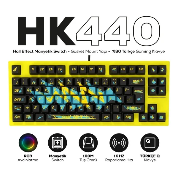 Hk440 Hall Effect Manyetik Switch Rapid Trigger Sonic RGB 1k Hz 1 Ms Kablolu %75 Gaming Klavye - Görsel 6