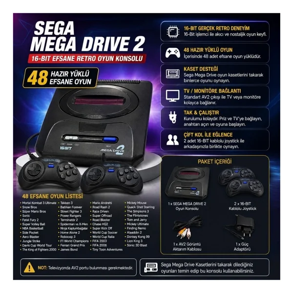 Sega Mega Drive 2 Efsane 16 Bit 48 Oyunlu Çift Kol Retro Oyun Konsolu - Görsel 2
