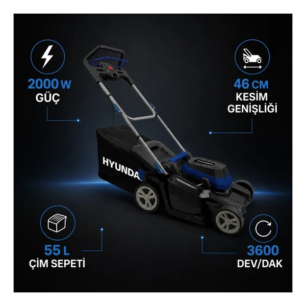 Hyundai C4608a 2000 W 55 Lt Elektrikli Çim Biçme Makinesi - Görsel 2